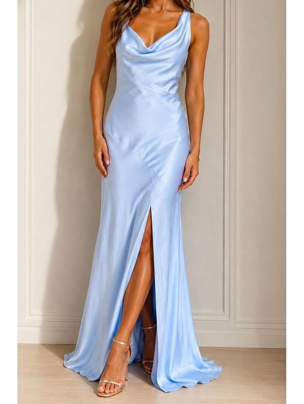 WAYF Lea Cowl Neck Satin Gown Blue Maxi Dress Sleeveless Formal Wedding Evening